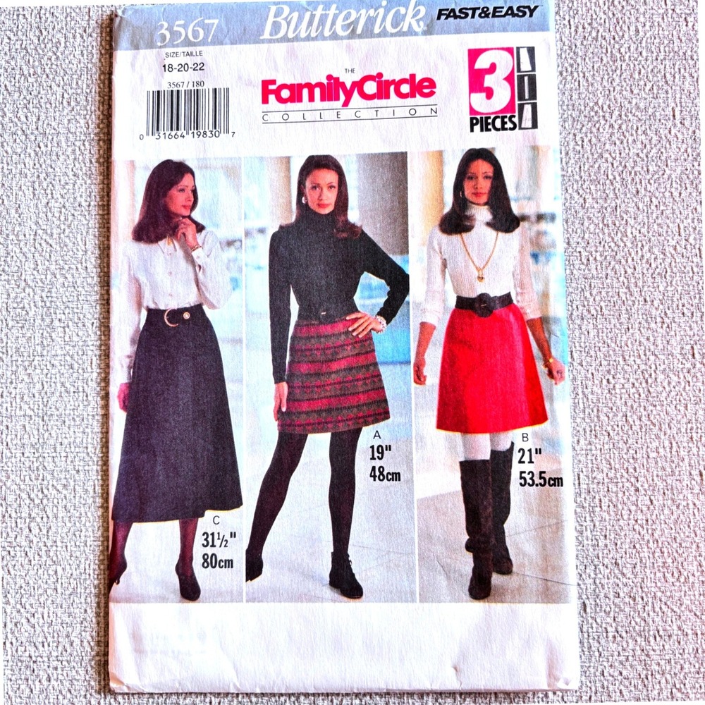 Butterick 3567 90s Minimalist A-Line Skirts 18-20-22 Preppy Dark Academia Retro
